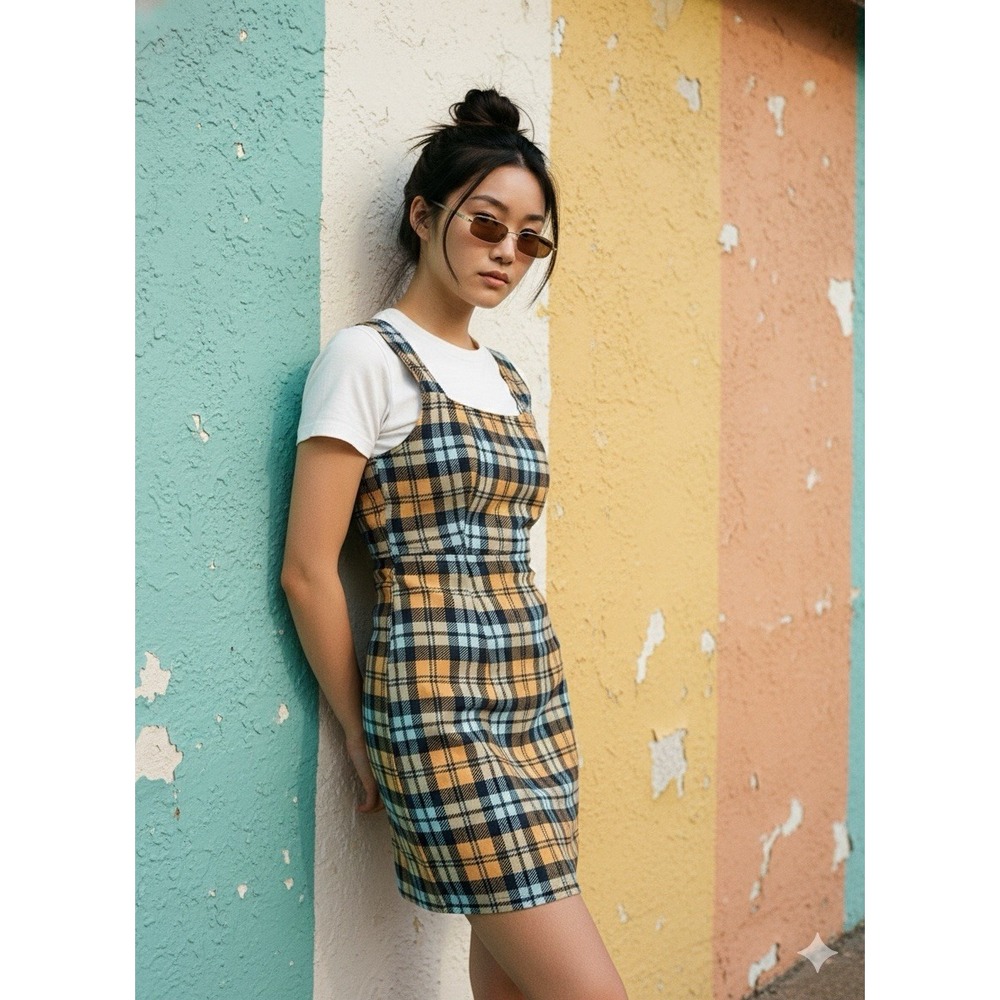 Urban Outfitters Plaid‎ Pinafore Mini Dress - Yellow & Blue 90s Indie Aesthetic
